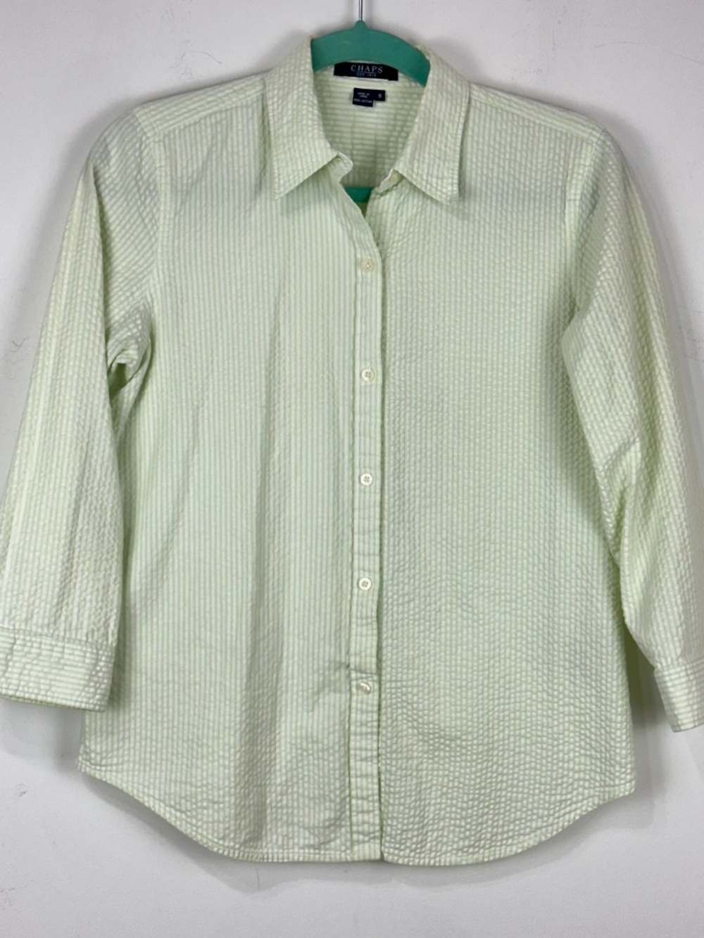 Chaps Womens Pale Green White Seersucker Button Up Top S Beach Preppy Casual